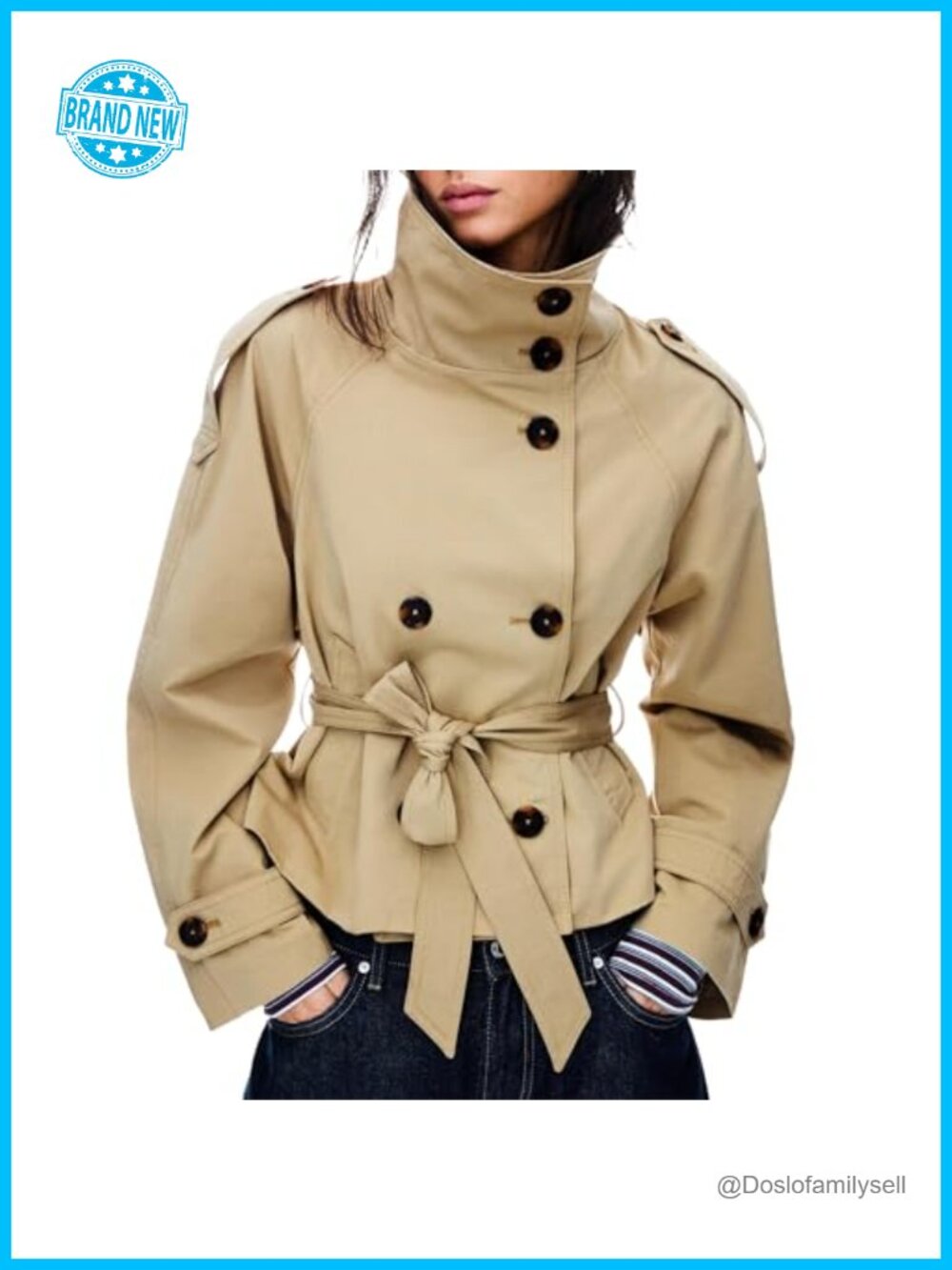 Cropped Trench Coat Double Breasted Belted Lightweight Fall Winter Jacket